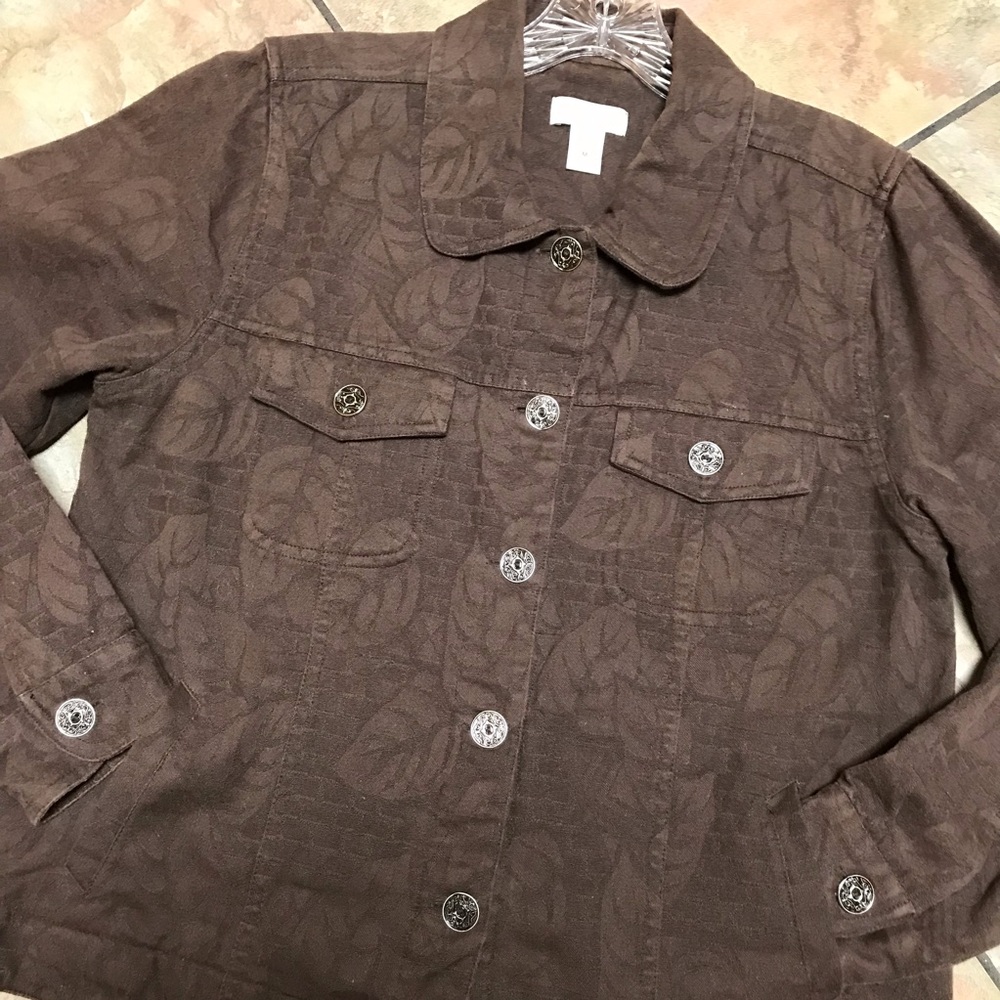 SOLD! Christopher & Banks Embossed Brown Denim Jacket Brass Buttons